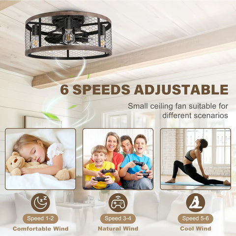 20 Inch Flush Mount Caged Ceiling Fan With Lights Remote Control Vintage Rustic Farmhouse Style shown in room with speed settings