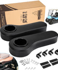 Golf Cart Rear Seat Arm Rest Kit With Cup Holder Black Universal Fit For EZGO Club Car And Yamaha Drilling Required Or No Drilling Easy Install Durable Plastic Base Plate For Long Lasting Use, shown with components and packaging.