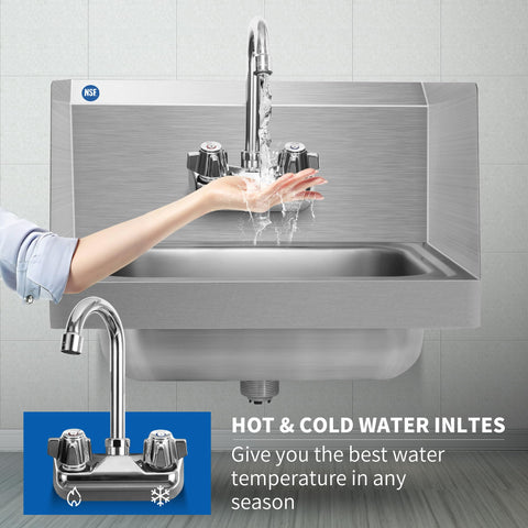 Person using Stainless Steel Wall Mount Hand Sink With Side Splash Guard Strainer And Faucet 17x15 Inch Commercial NSF Kitchen Sink Built Tough For Home Bars Cafes Restaurants And Stores with water flowing