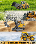 4 In 1 Remote Control Construction Vehicle Set With 11-Channel Excavator, 9-Channel Dump Truck, Bulldozer And Loader depicted on various terrains.