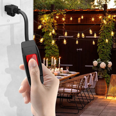 Hella Tough 1.5 Ft Extension Cord With Switch 2 Pack used to control outdoor lighting at a dining area.