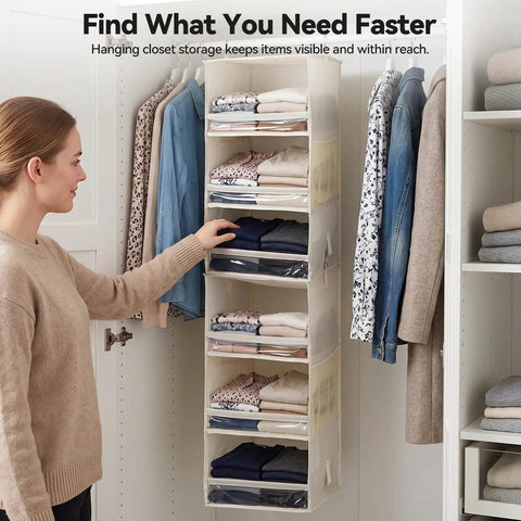 Top Quality Double Pack Hanging Closet Organizer With Three Tier Foldable Build To Store Fresh Threads And Keep Your Wardrobe Crisp While Clearing Tight Spaces For Smarter Home Layout Wins, showing a woman accessing clothes.