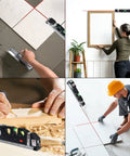 Cross Line Laser Level Kit With 8 Ft 2.5M Ruler For Flooring And Tile Installations Cabinet Mounting And Shelves Home Renovation Must Have Pro Grade For Quick Precise Level And Plumb Every Time shown aligning tiles, hanging picture, woodworking, and flooring installation.