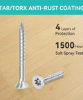 Top Shelf Go To Flat Head Torx Wood Screws T10 Star Drive Self Tapping Thread Cutting Fasteners Number 4 By One Point Four Inch Heavy Duty Galvanized Carbon Steel Deck Hardware Set on wood background.