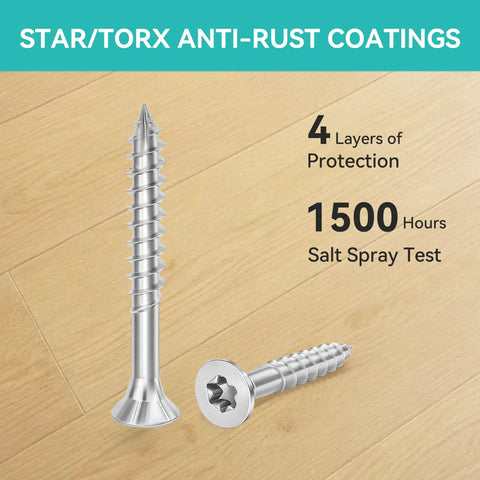 Top Shelf Go To Flat Head Torx Wood Screws T10 Star Drive Self Tapping Thread Cutting Fasteners Number 4 By One Point Four Inch Heavy Duty Galvanized Carbon Steel Deck Hardware Set on wood background.