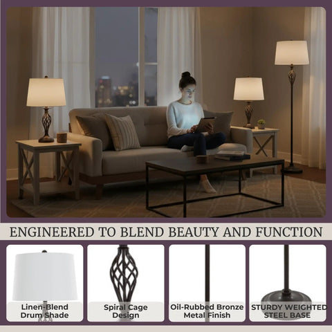 Three Piece Spiral Cage Floor And Table Lamps Set In Oil Rubbed Bronze With LED Bulbs Included For Living Room Bedroom And Entryway Open Frame Modern Glow For A Warm Cohesive Home Ambiance