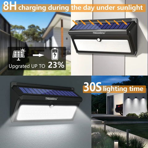 All-Weather 100 LED Solar Motion Lights Outdoor Pack 4, attached to wall, showcasing charging and lighting features.
