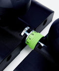 Close-up view of adjustment dial on Guide Stop Adapter for OF 1400 Router and FS Guide Rails with precise 0.1 mm fine adjustment.