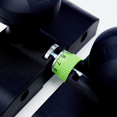 Close-up view of adjustment dial on Guide Stop Adapter for OF 1400 Router and FS Guide Rails with precise 0.1 mm fine adjustment.