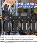 Beefed Up Three Eighths Inch NPT Four Stage Air Drying System With Brass Five Micron Filter And Ultra Fine 0.01 Micron Coalescing Filter Double Desiccant Dryers And Air Regulator Metal Bowl Semi Auto Drain For Paint Spray And Plasma Cutter Black shown in use