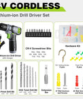 Eight Volt Cordless Drill Driver Kit With 53 Piece Bit Set, 2.0Ah Battery, Three Eighths Inch Keyless Chuck, Variable Speed, LED Work Light