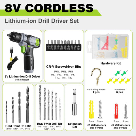 Eight Volt Cordless Drill Driver Kit With 53 Piece Bit Set, 2.0Ah Battery, Three Eighths Inch Keyless Chuck, Variable Speed, LED Work Light