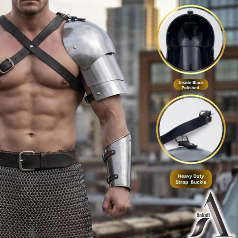 Medieval Shoulder Pauldron Set In Steel Armor For Larp Cosplay Dual Plate Pauldrons, battle-ready armor with leather straps detail