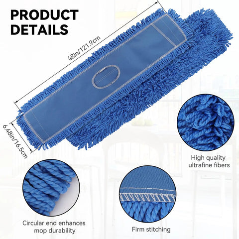 Heavy Duty 48 Inch Blue Microfiber Dust Mop Head Replacement Three Pack For Commercial Floors, featuring durable stitching and ultrafine fibers.