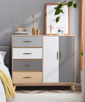 Modern dresser with Antique Brass Cabinet Pulls 5 Pack Solid Brass Dresser Drawer Handles, wooden and gray drawers, in bedroom setting.