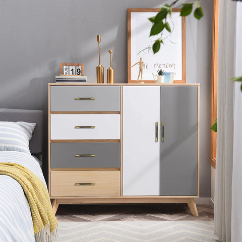 Modern dresser with Antique Brass Cabinet Pulls 5 Pack Solid Brass Dresser Drawer Handles, wooden and gray drawers, in bedroom setting.