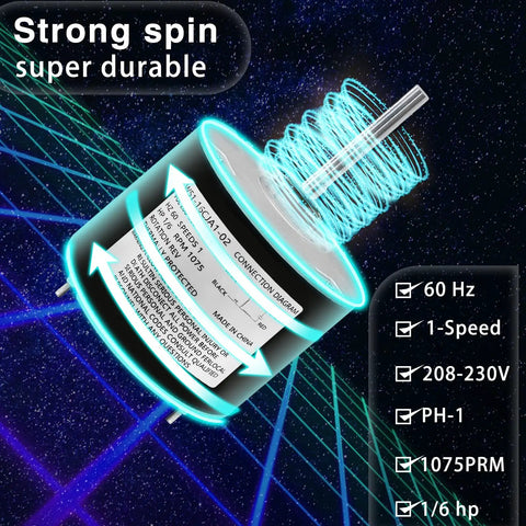 Condenser Fan Motor Replacement For HVAC Systems, One Sixth Horsepower, Single Phase, 208 To 230 Volts, 1075 RPM, glowing effect