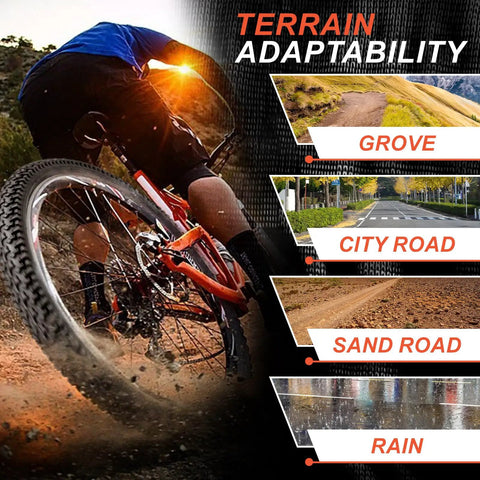 Mountain biker on grove path displaying Two Pack 26x2.125 Mountain Bike Tires Folding Replacement Set With Schrader Valve Tubes.