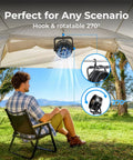 Rechargeable 20000mAh Portable Fan With 4 Speed Settings 9 Inch Blade 270 Degree Rotatable LCD Display And Built In Light Long Battery Life For Camping Outdoors Tent Office Travel RV Black hanging in tent