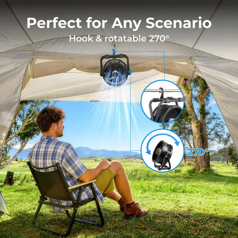 Rechargeable 20000mAh Portable Fan With 4 Speed Settings 9 Inch Blade 270 Degree Rotatable LCD Display And Built In Light Long Battery Life For Camping Outdoors Tent Office Travel RV Black hanging in tent