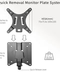 Hassle Free Quick Release VESA Mount Adapter Bracket Kit With Removable Plate shows quick removal plate system for LCD screens.
