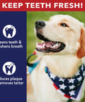 Dog with fresh teeth wears USA-themed bandana, promoting Made In USA Thick Beefhide Chews For Dogs Long Lasting Rawhide Bones Five Inch Chews Pack Of 22 From American Cattle USA Sourced Durable Chews For Heavy Chewers.