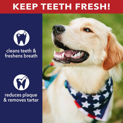 Dog with fresh teeth wearing bandana, text highlights plaque removal benefits of 100% Made In USA Beefhide 8-Inch Rolls Chew Treats For Dogs Beef And Chicken Flavor 10 Count Pack Tough Long Lasting Natural Rawhide Chews For Heavy Chewers Safe All Natural Treats.