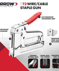Pro Grade Heavy Duty T72 Wire And Cable Stapler Manual Stapler with red grip, insulated T72 staples, grooved wire guide included