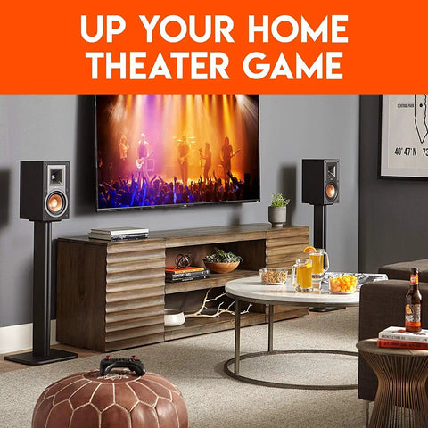 Universal Floor Speaker Stands with Vibration Absorbing MDF Design in a modern home theater setup with speakers and TV