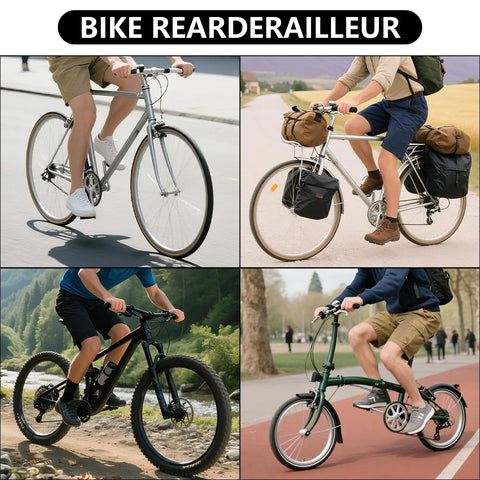 Four cyclists showcasing the 7 Speed Right Twist Shifter Lever for mountain, commuter, and folding bikes on various terrains.