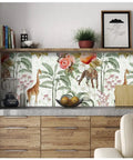 Forest Peel And Stick Floral Wallpaper With Jungle Animals Removable White Green Pink Vinyl in kitchen setting