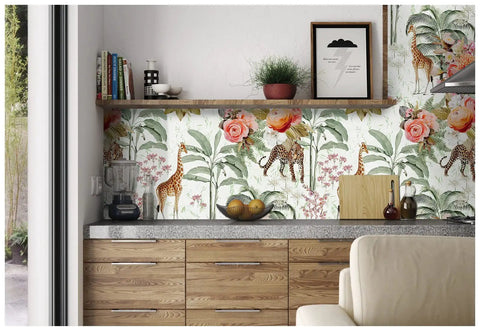 Forest Peel And Stick Floral Wallpaper With Jungle Animals Removable White Green Pink Vinyl in kitchen setting