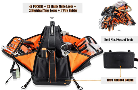 42-Pocket Waterproof Tool Tote For HVAC And Electricians with tools displayed, tough-as-nails steel-framed organizer with molded bottom.
