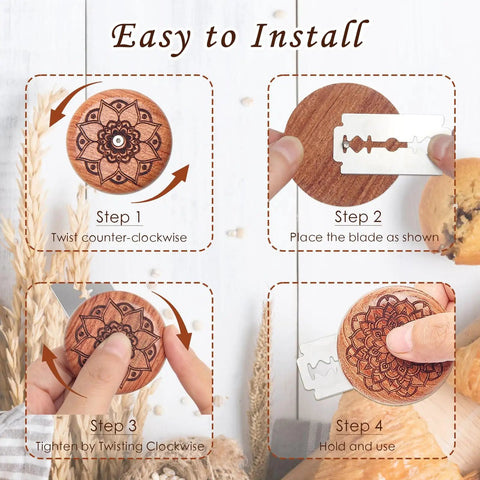 Installation steps for Pro Grade Bread Lame Cutter Set For Home Bakers With 2 Sourdough Scorers, showing wooden handle and blades.