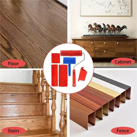 Killer Flexible Texture Paint Rollers And Wood Grain Brushes For Slick DIY Wall Decor and Furniture Makeovers With Assorted Templates and No Sweat Grip Handles showing wood grain paint tools and textured finishes on stairs and cabinets.