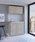 Totally Fresh Two Part Storage Cabinet In Light Gray Featuring Heavy Duty Engineered Wood Craft And Huge Countertop Area in modern kitchen setting.