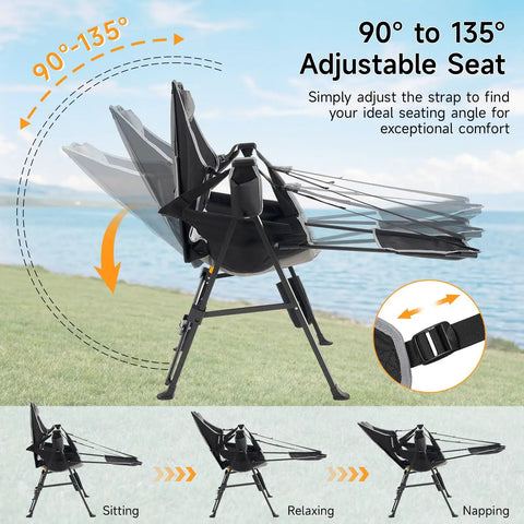 Heavy Duty Hammock Camping Chair With Removable Footrest And Cup Holder, adjustable seat positions by a lake