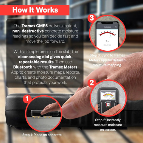 Concrete Moisture Encounter CME5 Meter For Quick Non Destructive No Guesswork Reading Of Moisture Content In Concrete Floors Slabs And Screeds ASTM F2659 Compliant Accurate Gravimetric Baseline Testing showing step 1 placement