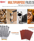 Pro Grade 17 Piece Metal Hand And Needle File Set With 12 Inch Flat, Half Round, Round And Triangle Files In Zip Case T12 Carbon Steel with various materials including metal, wood, and leather, with work gloves and sandpaper sheets.