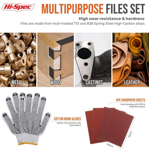 Pro Grade 17 Piece Metal Hand And Needle File Set With 12 Inch Flat, Half Round, Round And Triangle Files In Zip Case T12 Carbon Steel with various materials including metal, wood, and leather, with work gloves and sandpaper sheets.