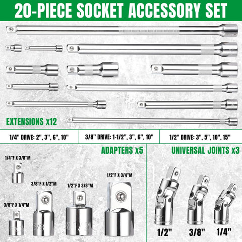 20 Piece Socket Extension Set With One Quarter Inch Drive, Three Eighth Inch Drive, And One Half Inch Drive, Swivel Universal Joints