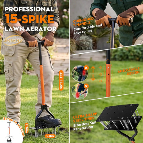 Heavy Duty Lawn Aerator Tool With Pro-Grade 15 Sharp Spikes For Deep Soil Loosening, Manual Grass Aerator in use