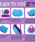 Instruction guide for Kids Sewing Kit For Beginners 6 Easy DIY Felt Crafts showing steps to sew a unicorn purse bag.
