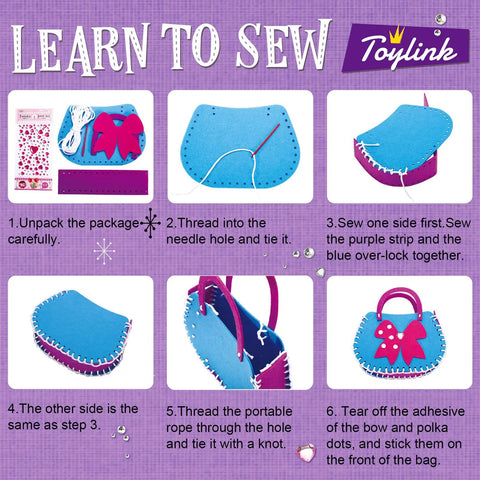 Instruction guide for Kids Sewing Kit For Beginners 6 Easy DIY Felt Crafts showing steps to sew a unicorn purse bag.