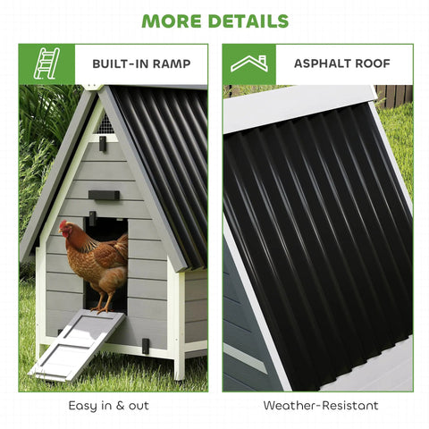 Outdoor Wooden Chicken Coop For Two Hens With Removable Nesting Box, Roosting Bar, Tray, And Ramp, Built Tough Dual Function Poultry Cage And Rabbit Hutch, Weatherproof 31 By 29 By 43 Inches Grey with built-in ramp and asphalt roof detail