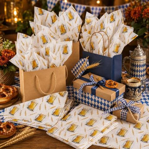 Beer Themed Tissue Paper Pack With 50 Sheets On 20x14 Inches Ideal For Gift Bags And Party Favors Featuring Beer Glass Foam Wheat And Gold Designs