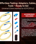 Front view of RAINLEOTI Visual Fault Locator Kit packaging with yellow fiber patch cords and blue adapters.