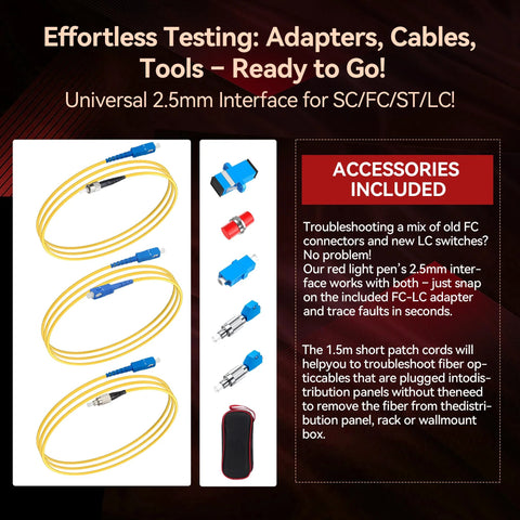 Front view of RAINLEOTI Visual Fault Locator Kit packaging with yellow fiber patch cords and blue adapters.