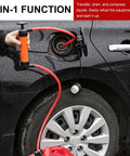 Universal Manual Car Fluid Transfer Pump With Extended Suction Hose Kit Fuel Extractor and Hand Siphon Tool in use at a vehicle's fuel tank.
