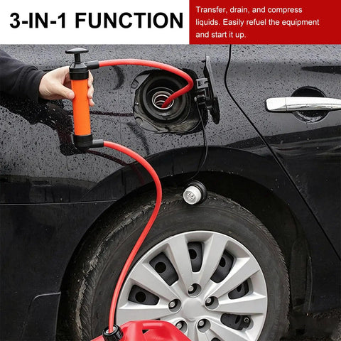 Universal Manual Car Fluid Transfer Pump With Extended Suction Hose Kit Fuel Extractor and Hand Siphon Tool in use at a vehicle's fuel tank.